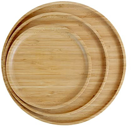 Pandoo Bambus Teller Set | Runde Holzteller, Speiseteller, Geschirr | 3-Set (1X20 cm, 1X25 cm, 1X30 cm)