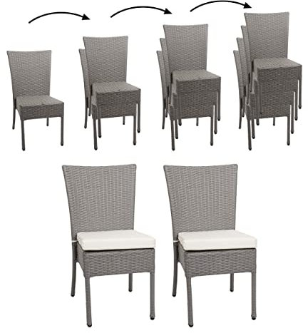 Mendler 2er-Set Poly-Rattan Stuhl HWC-G19, Balkonstuhl Gartenstuhl, stapelbar - grau, Kissen Creme