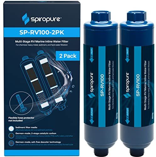 SpiroPure mehrstufige RV-Marine-Inline-Wasserfilter – Sedimentkohle, Hartwasser, Chlor, Chloramin, Schwermetalle, PFOA, PFAS (flexibler Schlauchschutz nicht im Lieferumfang enthalten), 2 Stück