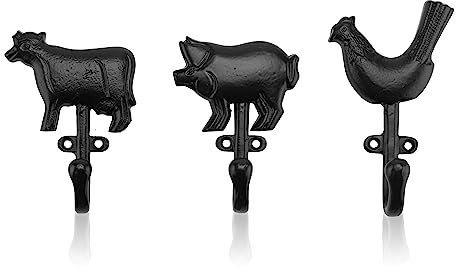 CRAFTSMAN ROAD Farm Animal Cast Iron Wall Hooks (Black Finish, Set of 3) - Rustic, Farmhouse Coat Hooks | Great for Coats, Bags, Towels, Hats