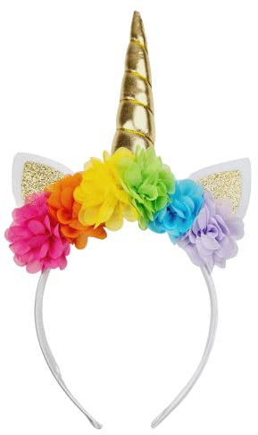 Einhorn Haarreif mit Blumen, Ohren und Einhorn Horn für Mädchen Erwachsene Damen 1Stk Unicorn Deko Stirnband Kinder Haarschmuck für Geburtstag Party Halloween Karneval Weihnachten Cosplay (Gold)