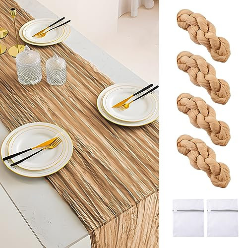 Käsetuch Tischläufer Beige, 4 Stück 90 x 300cm Seihtuch Gaze-Tischläufer Natural Creme, Musselin Waschbar Table Runner für Bohemian Stil Land Hochzeit, Brautparty, Babyparty