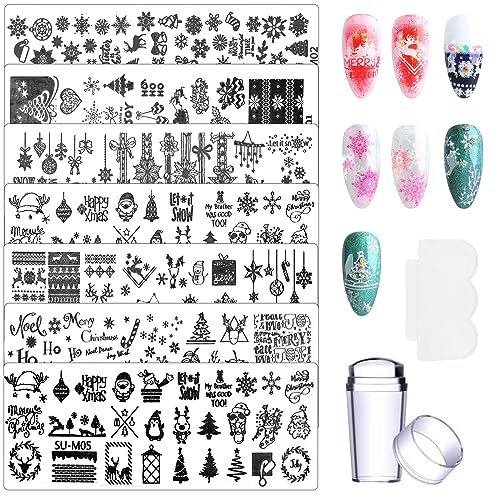 7 Stück Weihnachten Nail Art Stamping Plates Kit mit Stamper, Schneeflocke, Weihnachtsbaum, Elch Muster Nagelschablone für DIY Nagelkunst Salon Designs, Nageldesign Maniküre Schablonen Werkzeug