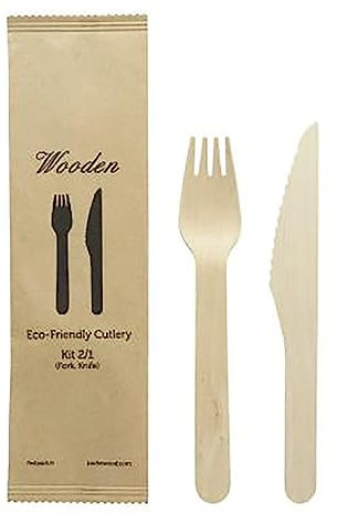 250 Kits 2 en 1 couverts jetables fourchettes et couteaux en bois biodégradables