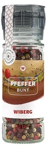 Wiberg Einwegmühle Pfeffer Bunt ganz, 43g Umweltfreundliche, recycelte Gewürzmühle mit Keramikmahlwerk und intensiver Würzkraft