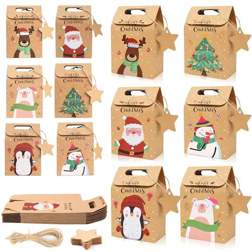 24 Stücke Geschenktüten Weihnachten,Geschenktüten mit Griff,Große Weihnachtstüten,Kekstüten Weihnachten,Kraftpapier Geschenktüten,Geschenktasche,Weihnachts Kekskästen Boxen,Weihnachten Geschenkboxen