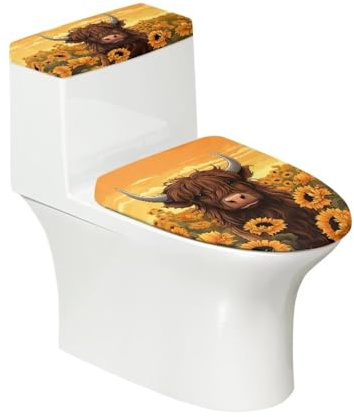 ZOUTAIRONG Sunflower Cow Toilet Seat Cover Highland Cattle Toilet Lid Cover and Toilet Tank Cover Set Bathroom Toilet Cover Replacement Portable Toilet Seat Covers