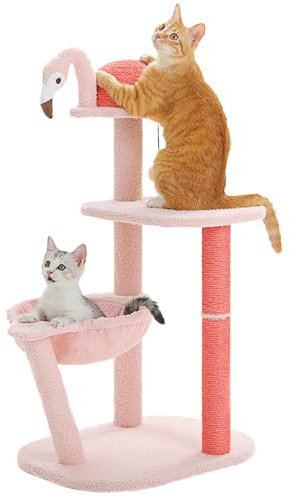 PAWZ Road Flamingo - Árbol pequeño para gatos de tamaño pequeño a mediano, torre de gatitos con hamaca grande y perca, postes rascadores creativos, árbol para gatos rosa claro, 87 cm
