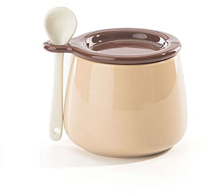 ZoRHac Color Sugar Bowl with Lid and Spoon, Ceramic Sugar Pot with Cover Hole,Salt Pot Seasoning Canister(Color:Khaki)