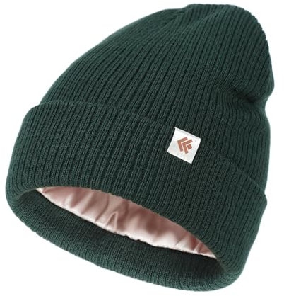 Creekstone Satin Gefütterte Wintermütze Unisex Slouchy Beanie für Haar, Warme Wollmütze Satin Lined Beanie Mütze für Damen Herren (DE/NL/SE/PL, Alphanumerisch, Einheitsgröße, Pine Grün)