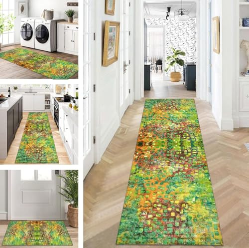 ZUZEKU Läufer Flur Küche Waschbar rutschfest 80X240cm Grün Orange Lang Küchenteppich Flurteppich Teppich Fur Korridor Wohnzimmer Schlafzimmer Meterware Anpassbar