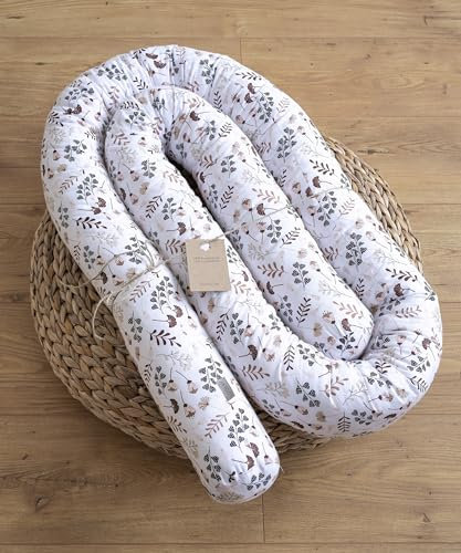 LOOLAY 100% Blumen BRAUN Bio-Baumwolle Stoffschlange Dekokissen Bett Schutz Schlange Stillkissen Zugluftstopper Seitenchlafkissen (300 cm)