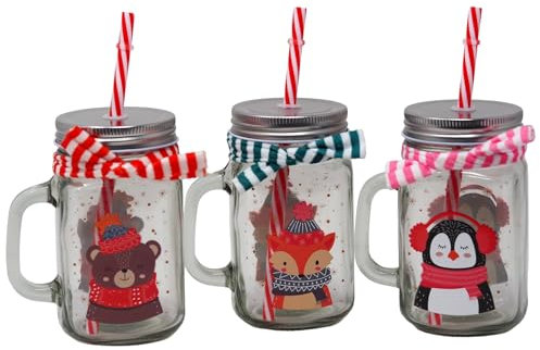 Blue Whale Gifts Christmas Mason Jar Drinking Glasses Lid & Straw - Festive Animals - Set of 3