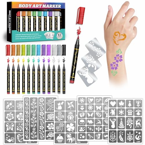 Temporäre Tattoo-Stifte für Kinder und Erwachsene, 12 Metallic-Stifte und 155 Tattoo-Schablonen, Kosmetik-Tattoo-Stifte als Mitgebsel für Partys und zum Schminken