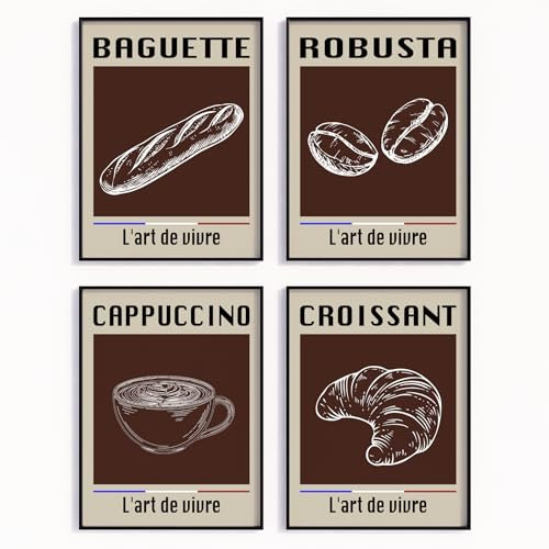 MJ-GRAPHICS® 4er Poster Set Barista Bilder Kaffee Croissant Bilder Küche Wanddeko Cappuccino Bilder Vintage Küche Wandbilder Café Deko Retro Küche Wanddeko Bäckerei Kunst A4 – Ohne Rahmen