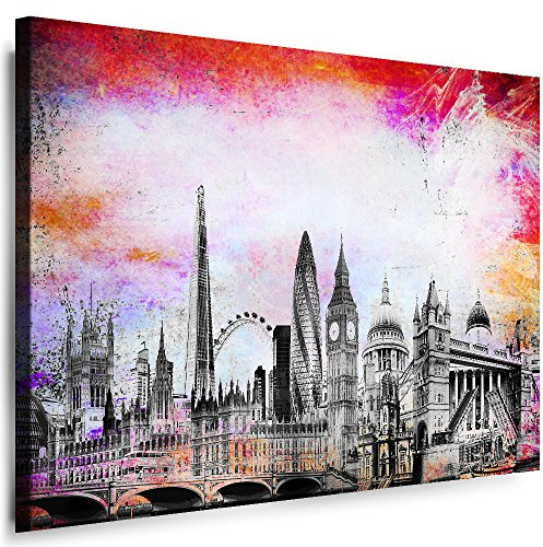 London Wandbild - 100 x 70 cm Querformat Bild - Leinwand mit Rahmen (Leinwandbild) Städte Kunstdrucke Skyline, Turm, Brücke Wanddeko St-01-26