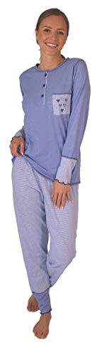 Damen Pyjama Schlafanzug Baumwolle Langarm SUN7 blau in 2 verschiedenen Druckvarianten.