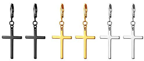 Cupimatch Kreuz Ohrringe Damen Herren 3 Paare Set Fake Plug Ohr Schmuck mit Kreuz Anhänger Ohrstecker, Gold Silber Schwarz