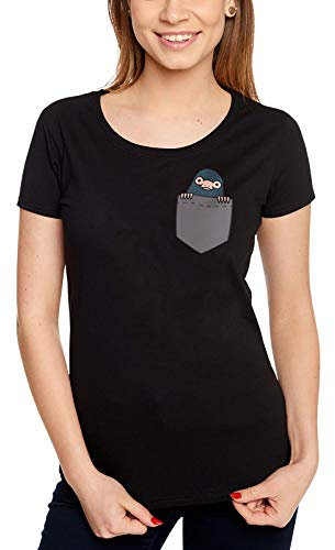 Elbenwald Phantastische Tierwesen T-Shirt mit Pocket Niffler Brustprint für Damen schwarz - S