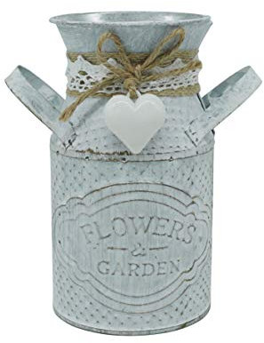 CVHOMEDECO. Primitives Vintage Mini Jug Vase Metal Milk Can with Tied Heart, Chic Rustic Flower Planter for Garden and home Décor. 5 x 3 x 5.75 Inch