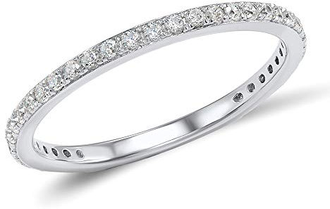 namana Schmaler Sterling Silber Ring für Damen. Bandring mit Zirkonia-Edelsteinen. 925 Sterlingsilber Ringe für Frauen mit Zirkonia Steinen. Ring Größe 57