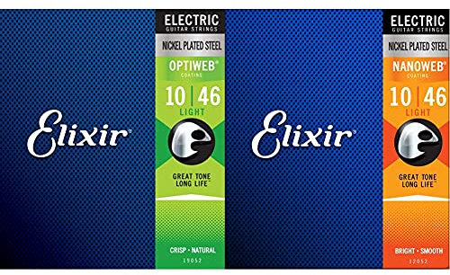 Elixir Cuerdas para guitarra eléctrica con recubrimiento OPTIWEB, calibre ligero (.010-.046) + Cuerdas para guitarra eléctrica con recubrimiento NANOWEB, calibre ligero (.010-.046)