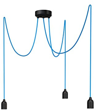 Relight Pendelleuchte 3-flammig Kraken (höhenverstellbar), E27 Lampenfassungen aus Bakelit, 3x 1.5 Meter Textilkabel Blau