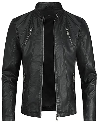 Sliktaa Giacca invernale da uomo, in similpelle ecologica, con collo alto, trapuntata, per la mezza stagione, con cerniera, in stile casual da motociclista, classica e alla moda, Nero A, XL