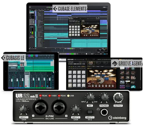 Steinberg UR22mkII Edition Economique - Interface audio UR22mkII USB 2.0 et progiciel complet, accessoires d'enregistrement (Cubase Elements, Cubasis LE, Groove Agent 5 Drum Studio et bien d'autres)