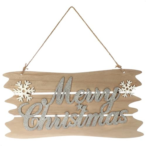 com-four® Hängedeko Weihnachten - Holz-Aufhänger mit Schriftzug für Weihnachten - Türschild aus Holz für Tür, Fenster oder Wand - Christmas Sign (silberfarben + weiß + braun)