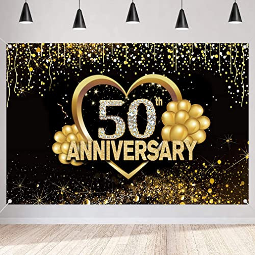 Happy 50th Anniversary Hintergrund Dekorationen, Alles Gute zum 50-jährigen Jubiläum Banner, 50. Hochzeitstag Party Poster Zubehör Stoffschild Plakat, Schwarz Gold Jubiläums Keko Foto Hintergrund