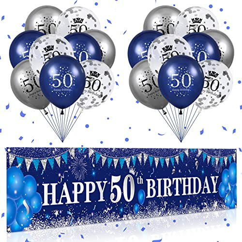Blau 50. Geburtstag Dekoration für Männer und Frauen, marineblaues Silber Happy 50. Geburtstag Yard Banner, blau Luftballons zum 50. Geburtstag für Partydekorationen zum 50. Geburtstag