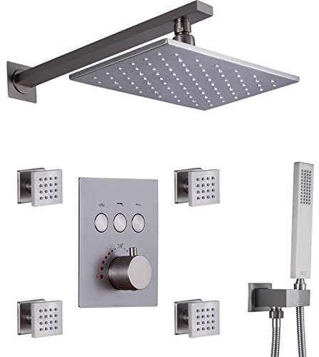 XJTNLB Unterputz Duscharmatur Set mit Thermostat Dusche Regendusche Set Led mit Led Regendusche Kopfbrause Handbrause Gebürstet