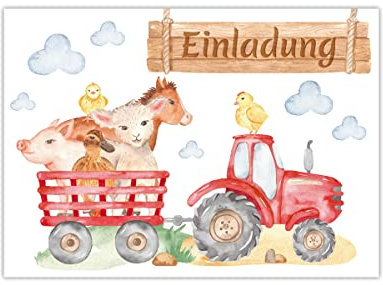 Junapack 12 Einladungskarten zum Kindergeburtstag Einladungen für Geburtstag Mädchen Jungen Bauernhof