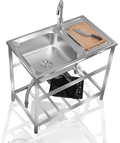 Fregadero Portatil Camping,Fregadero de Cocina Comercial con Banco de Trabajo, Fregadero de Acero Inoxidable Independiente Con Agua Fria y Caliente Grifo,para Garaje, Jardín, Cocina, Lavadero ( Color