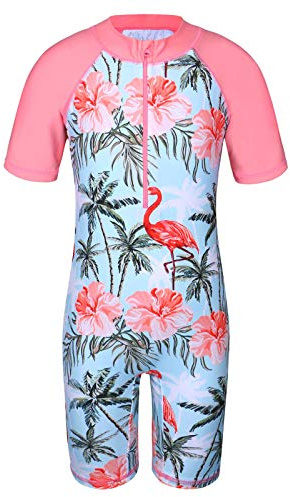HUAANIUE Filles Maillot de Bain 1 Pièce 2-12 Ans, Anti-UV UPF 50+ Manches Courtes, Fermeture Éclair Frontale, Imprimés Colorés, Idéal pour Plage et Piscine (S345-Flamant Rose, 10-11 Ans)
