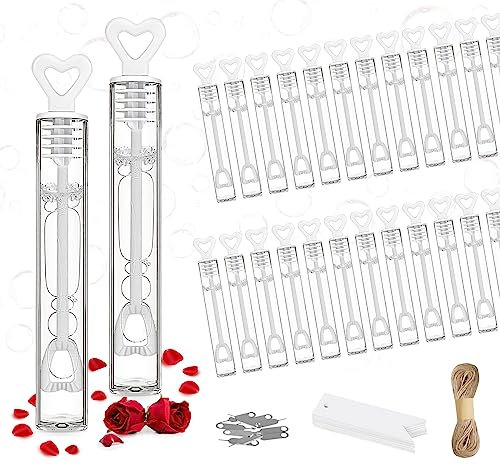ABSOFINE Seifenblasen Hochzeit, 24 x Herz-Griff Hochzeit Seifenblasen mit 30 Geschenkanhänger & 30m Hanfseil für Tischdeko, Hochzeitsdeko, Guest Gifts, Geburtstag, Party