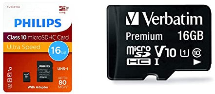 Philips Ultra Speed microSDHC Card 16GB + SD Adapter UHS-I U1 Reads up to 80MB/s A1 Fast App Performance V10 Memory Card for Smartphones & Verbatim Premium Micro SDHC Speicherkarte mit Adapter