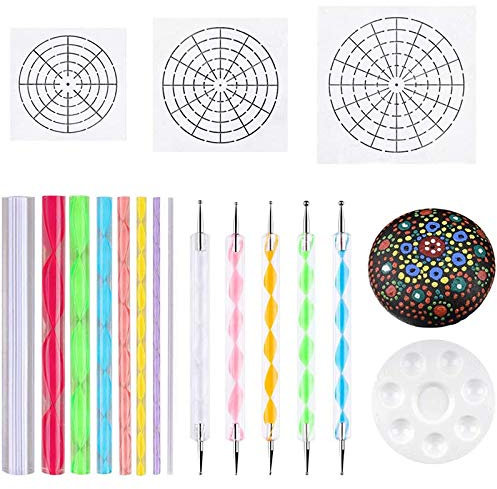 Mandala-Dotting-Schablonen-Werkzeuge, Steinmalerei-Set, Kugelstift, Punktierwerkzeug, inklusive Schablone, Farbwanne (17 Stück)