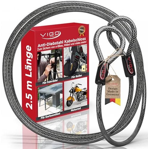 VIGO SPORTS® Panzer Stahlseil mit Ösen [2,5m] I 10mm starkes Kabelschloss zum Schutz deines Fahrrad, Grill, Gartenmöbel oder Kinderwagen vor Spontan Diebstahl I Witterungsbeständig und Langlebig