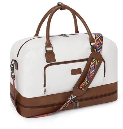 CLUCI Reisetasche Damen, Große Weekender Handgepäck Sporttasche Canvas Travel Größe Duffel Taschen mit PU-Leder Schuhfach,Weiß mit Braun