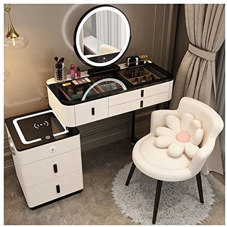 Tocador de Maquillaje con Espejo LED, 3 Luces Regulables, 5 Cajones y Tapa de Cristal Oscuro, Tocador de Maquillaje con Aparador Recargable para Dormitorio