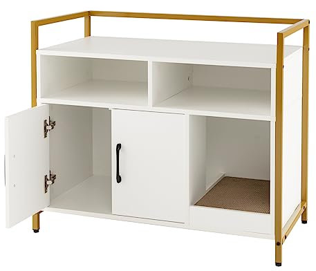 GYMAX Wooden Kitty Washroom Storage Cabinet Nightstand Side Table with Scratching Board and Shelves, Cat House Pet Crate for Kitten & Large Cat (White)