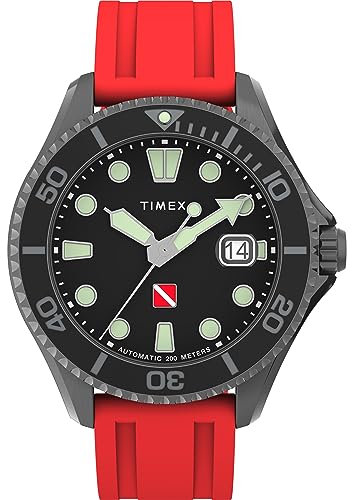 Timex Deep Water Automatic Herren-Armbanduhr, 44 mm, rotes, zweiteiliges, synthetisches Kautschukarmband mit Schnellverschluss, schwarzes Zifferblatt, Rotgussgehäuse TW2W21000