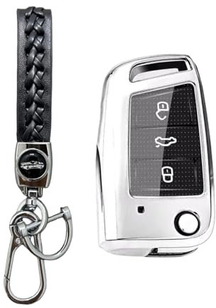 MEDZUK Schlüsselhülle Kompatibel mit Skoda Karoq | Sportline 2017-2025 Autoschlüssel Hülle Schutz, Schlüsselgehäuse Zubehör mit Schlüsselanhänger (Silber)