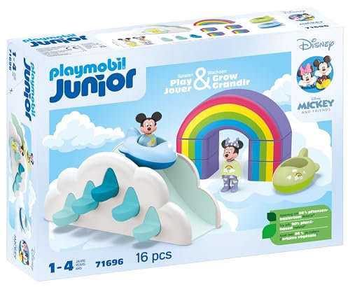 PLAYMOBIL Junior & Disney 71696 Topolino, Minnie e la casa tra le nuvole, inclusa l'arcobaleno, giocattolo sostenibile realizzato in plastica a base vegetale, giocattolo per bambini dai 12 mesi in su
