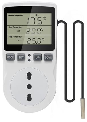 KETOTEK Presa Termostato Digitale con Sonda 220V, Termostato con Spina e Presa Raffreddamento Riscaldamento Regolatore di Temperatura per Serra Incubatrice