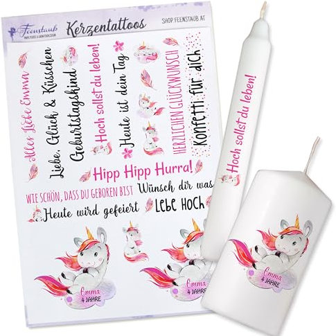 FEENSTAUB Kerzentattoos Geburtstag, personalisierbare Transferfolie für Kerzen, Kerzen Tattoos für den Geburtstag, Geburtstagskerzen selber gestalten, Kerzenfolie Geburtstag Einhorn