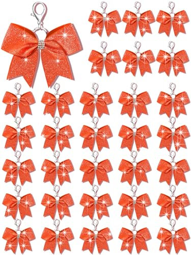Tondiamo Cheer Bow Keychain Cheer Keychain with Rhinestones Cheerleader Keyrings for Teen Cheerleading Sports Accessory, glitter orange
