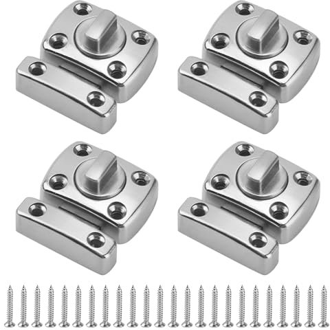 SINJEUN 4 Pack Rotate Bolt Door Lock, Stainless Steel Bathroom Protection Rotate Bolt with 24 Screws Rotate Lock Gate Latches Bolt for Cabinet Drawer Furniture Home, Silver